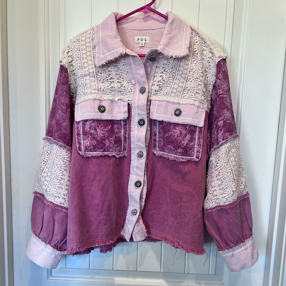 POL Lace Corduroy Floral Frayed Denim Jacket Sz Small (oversized) NWOT - Picture 9 of 16